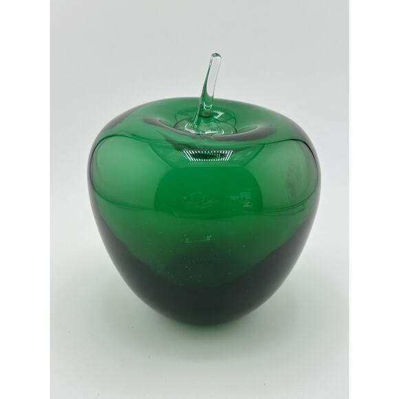 Vintage Blenko Art Glass Emerald Green Apple Paperweight w/ Clear Stem 1960s MCM - Picture 4 of 8